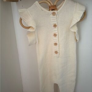 Cream Knit Baby Romper with Ruffle Sleeves
